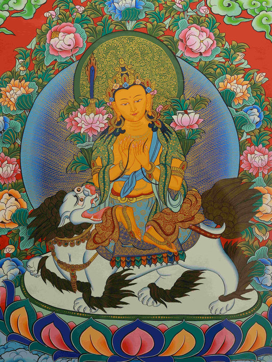 Tibetan Buddhist Thangka painting of Wenshu Bodhisattva, handmade with natural mineral pigments on canvas.
