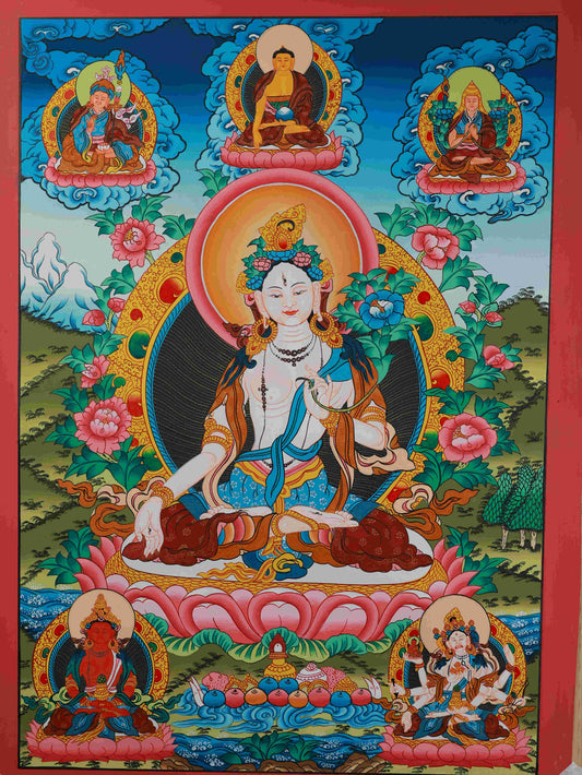 White Tara Thangka with Healing Energy - Tibetan Buddhist Mineral Pigments Art