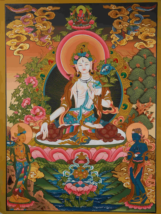 Tibetan-Buddhist White Tara Thangka Painting - Hand-Painted Minerals