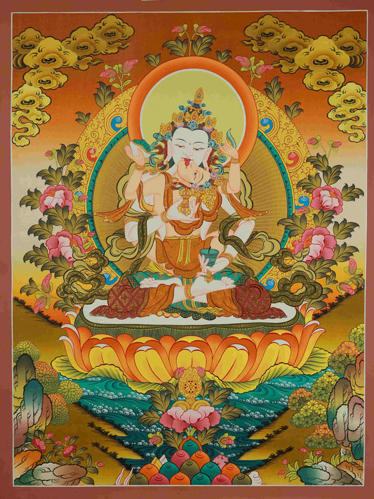 Hand-painted Tibetan Buddhist Yab-Yum Vajrasattva Thangka Painting – traditional Tibetan thangka art on canvas.