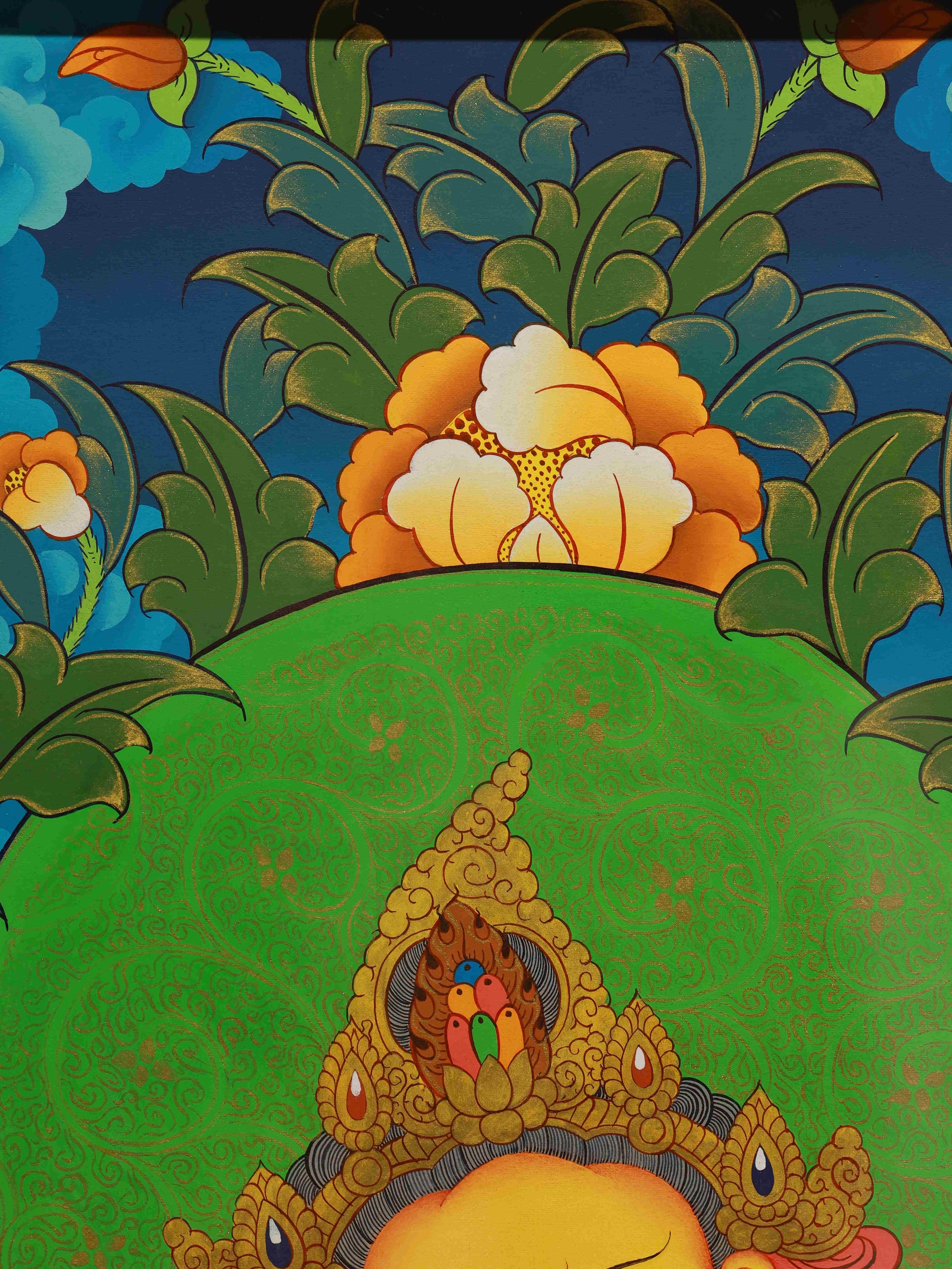 Handcrafted Tibetan Thangka art of Yellow Dzambhala for business and financial success.