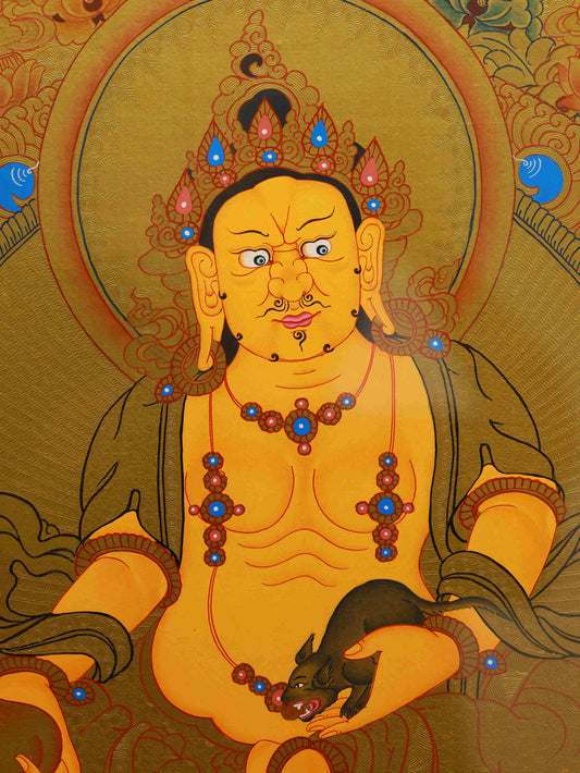 Hand-painted Tibetan Thangka of Yellow Jambhala with gold foil, representing the Buddhist God of Wealth and prosperity.