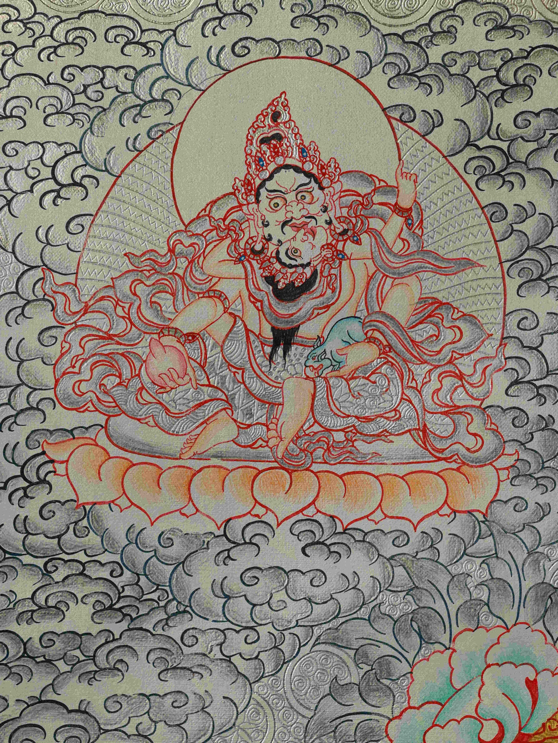 Handmade Tibetan Thangka Painting – Yellow Dzambhala Silver Leaf Buddhist Art for abundance and success.
