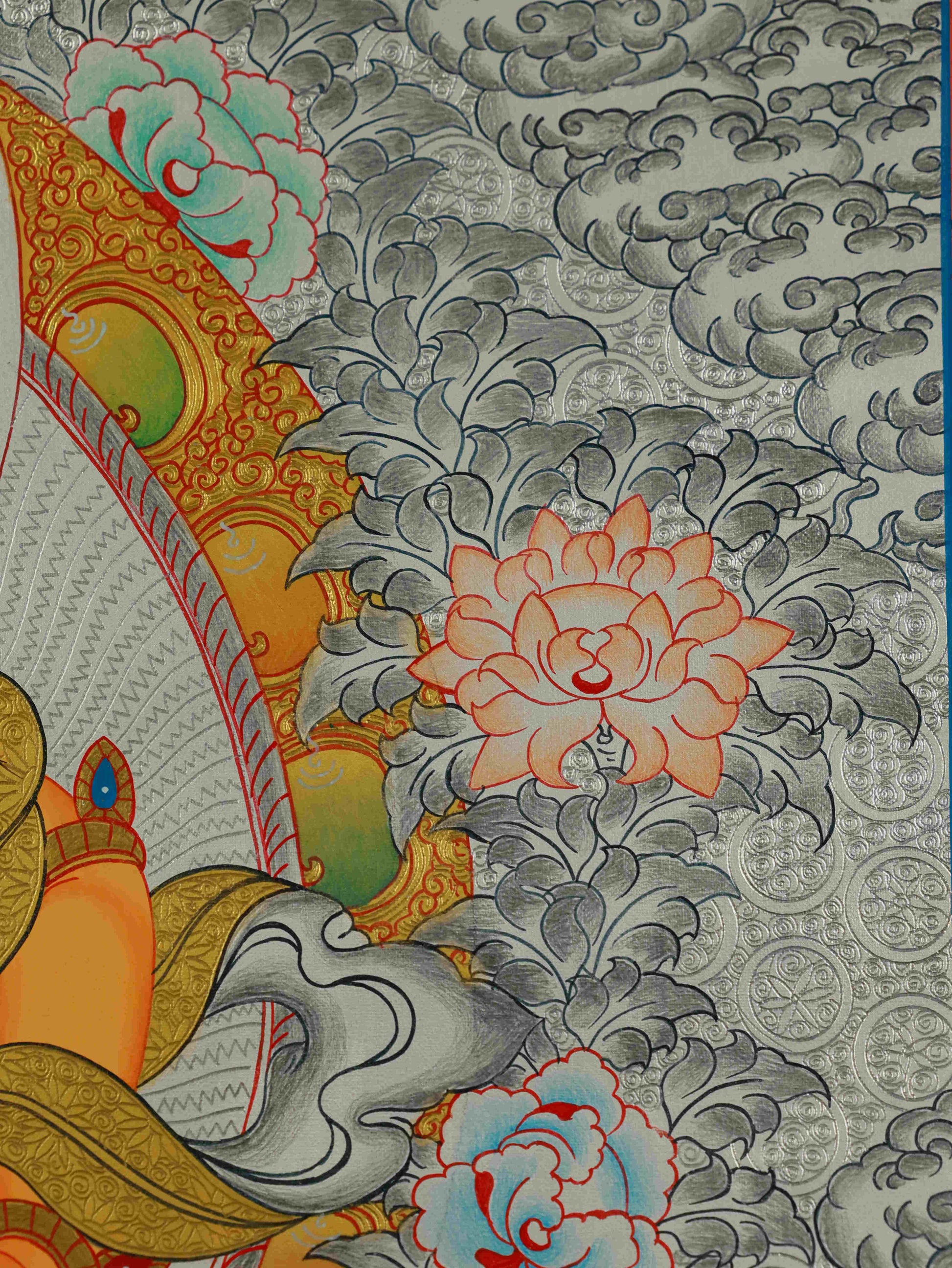 Yellow Dzambhala Tibetan Thangka with Silver Foil – traditional Buddhist wealth deity painting.