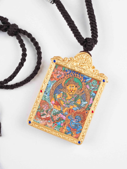 Tibetan Buddhist Yellow Dzambhala Wealth Deity thangka pendant, hand-painted on traditional thangka canvas with mineral pigments for prosperity and good fortune.