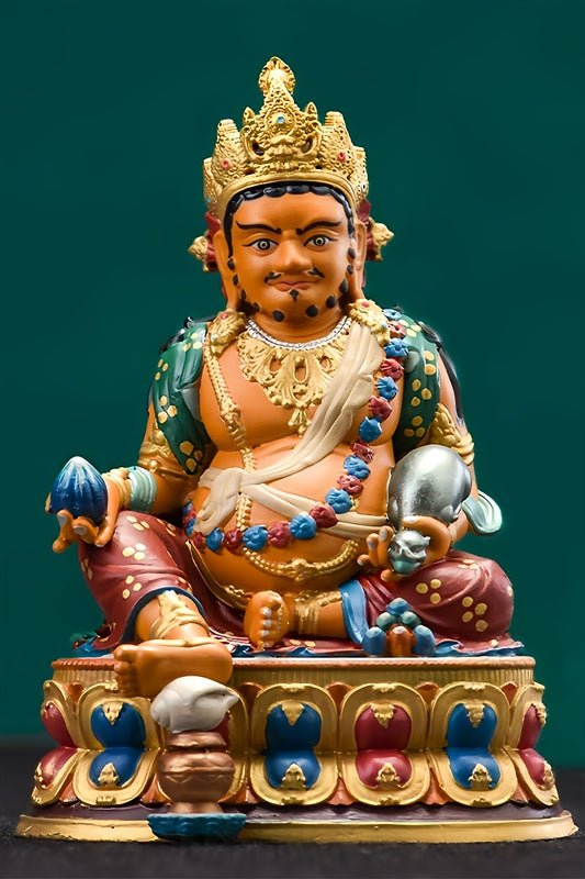 Authentic Tibetan Buddhist Yellow Dzambhala statue, handmade Buddha art representing prosperity, protection, and blessings.