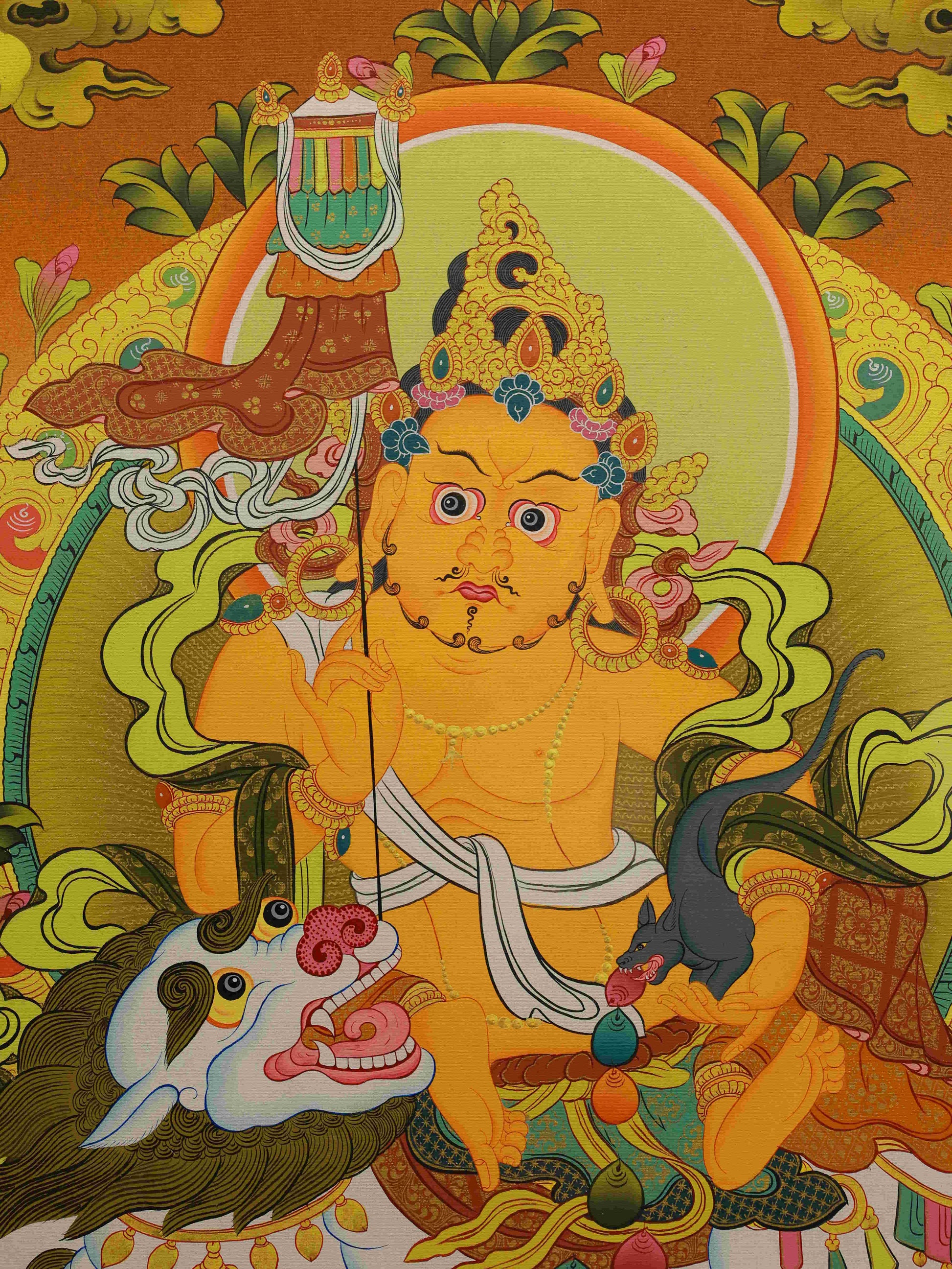 Hand-painted Newar Yellow Jambhala Tibetan Thangka – sacred Buddhist art on thangka canvas with mineral pigments.