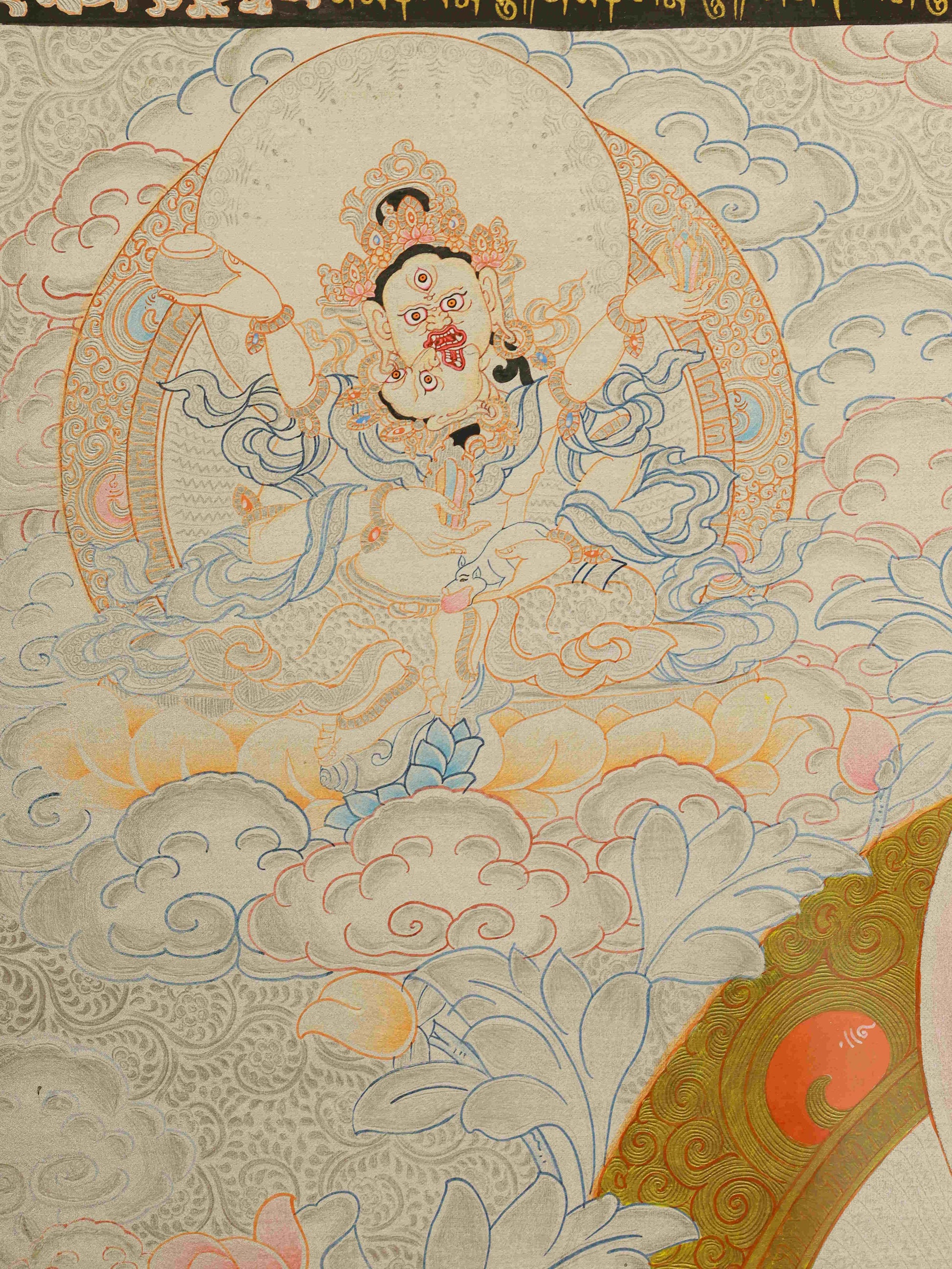 Authentic Tibetan Buddhist Thangka – Silver Foil Yellow Jambhala painting hand-painted with natural mineral pigments.