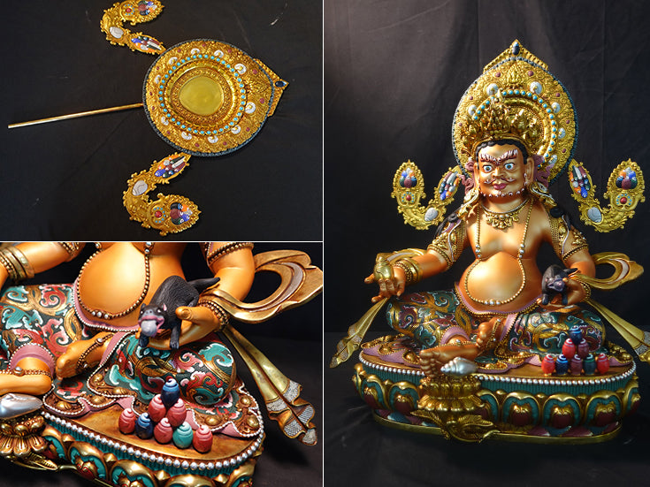 Tibetan Buddhist Yellow Jambhala Buddha statue art, adorned with golden mineral pigments. It serves as a powerful focal point for inviting abundance and spiritual blessings.