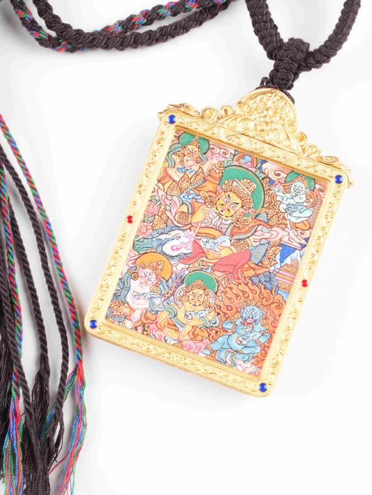 Handmade Yellow Jambhala thangka painting, traditional Tibetan Buddhist art for financial abundance