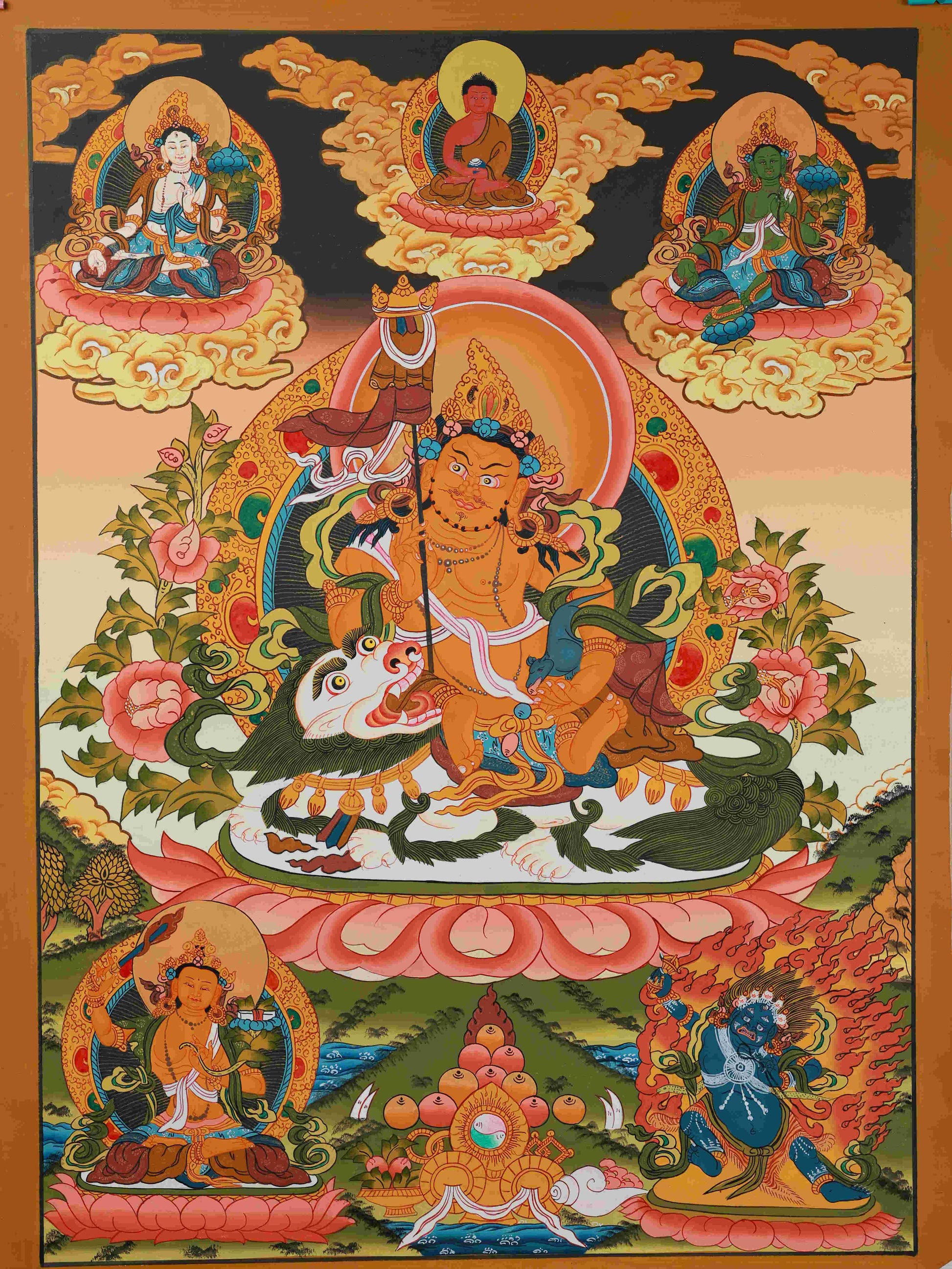 Tibetan Buddhist Thangka - Yellow Jambhala with Wealth-Mongoose Symbol