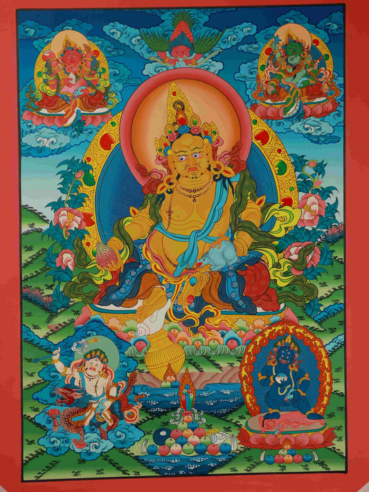Handmade Tibetan-Buddhist Yellow Jambhala Thangka painting on canvas, 75x50cm, crafted with mineral pigments.