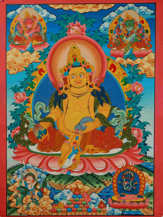 Yellow Dzambhala (Jambhala) Thangka painting for wealth, prosperity, and spiritual blessings in Tibetan Buddhist tradition.