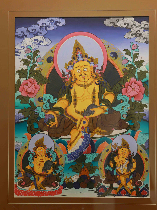 Hand-painted Tibetan Thangka of Yellow Jambhala, the God of Wealth, created with mineral pigments on canvas.
