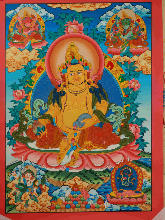 Handmade Tibetan-Buddhist Yellow Jambhala Thangka painting on canvas with natural mineral pigments.