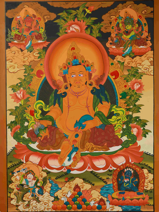 Handmade Tibetan-Buddhist Yellow Jambhala Thangka painting on canvas with natural mineral pigments.