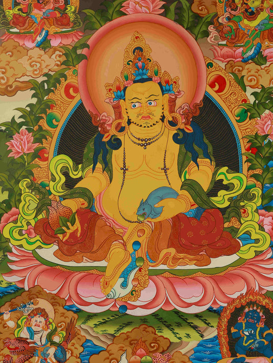 Tibetan-Buddhist Yellow Jambhala Thangka painting, symbol of wealth and prosperity in Tibetan Thangka art.
