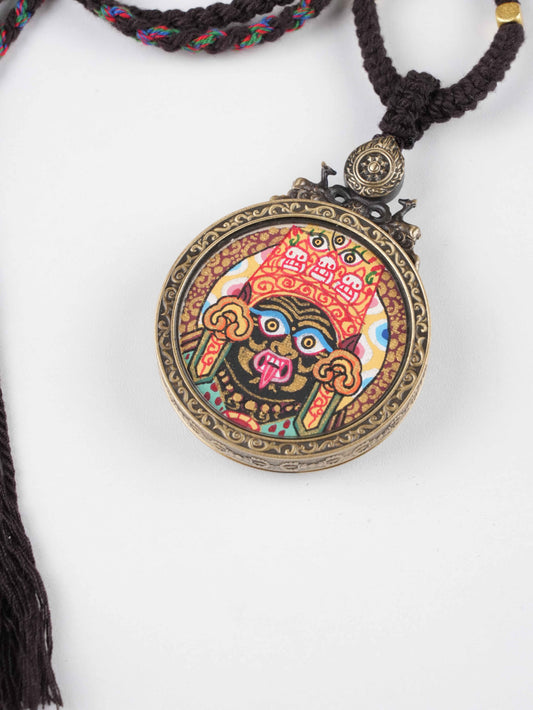 Hand-painted Tibetan Zakhi Lhamo Thangka Gau pendant offering divine protection and strength.