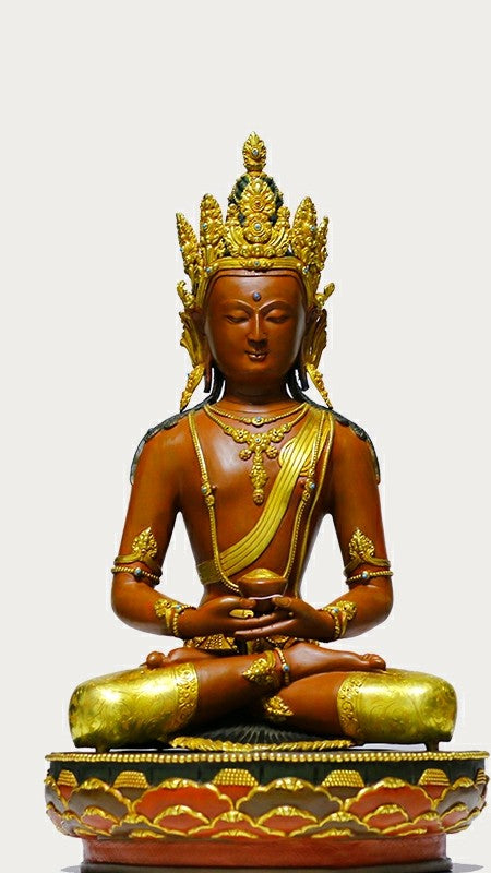 "Handcrafted Tibetan Buddhist Zanabazar Amitabha Buddha statue in copper, painted with exquisite mineral pigments, offering both spiritual and aesthetic value."
