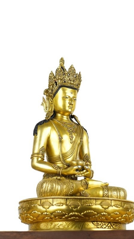 "Authentic Tibetan Buddhist Zanabazar Amitabha Buddha statue made of pure copper, hand-painted with mineral pigments for a peaceful and spiritual aura."
