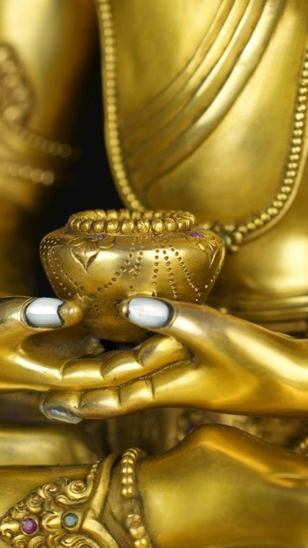 "Handpainted copper Tibetan Buddhist Zanabazar Amitabha Buddha statue, beautifully crafted with mineral pigments to evoke spiritual connection and harmony."