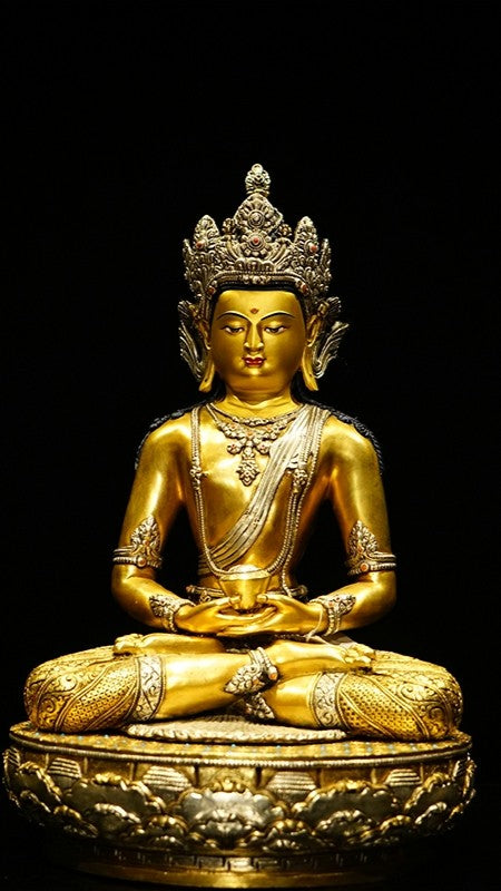 "Pure hand-painted Tibetan Buddhist Zanabazar Amitabha Buddha statue in copper, showcasing intricate details and traditional craftsmanship."
