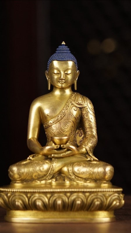 Handcrafted Amitabha Buddha statue in Zhana Bazar style, made from purple copper with detailed mineral pigment painting. A beautiful Tibetan Buddhist art piece symbolizing compassion and spiritual enlightenment.