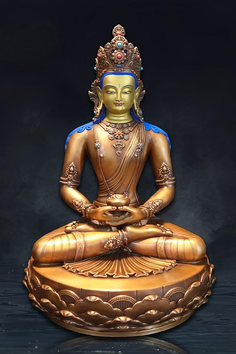 Tibetan Buddhist purple copper Amitabha Buddha statue, Zhanabazar style, handcrafted with mineral paint