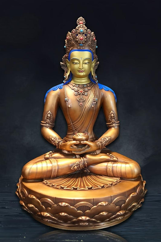 Tibetan Buddhist purple copper Amitabha Buddha statue, Zhanabazar style, handcrafted with mineral paint