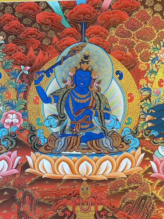 Hand-painted Four-Armed Avalokiteshvara Thangka painting on traditional Tibetan canvas, using mineral pigments. Authentic Tibetan Buddhist art.