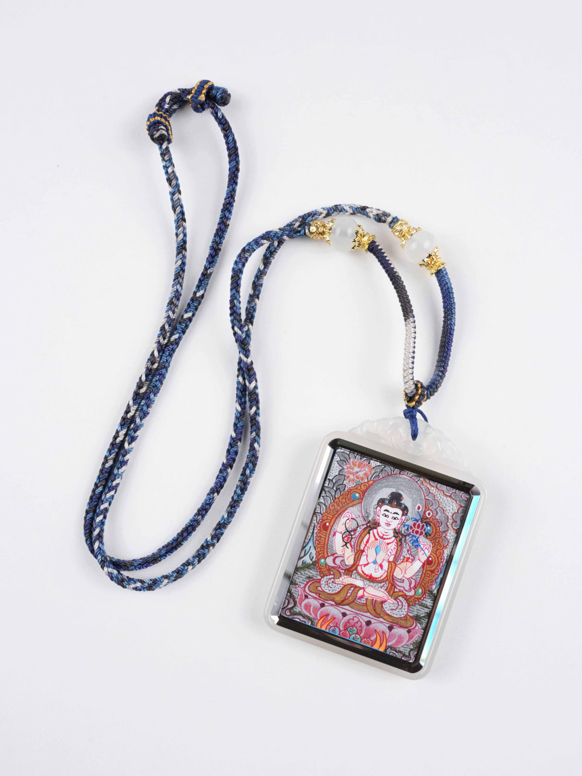 Tibetan Thangka of Four-Armed Avalokiteshvara – Zodiac Protector Pendant – Handcrafted with Mineral Pigments – 4x5cm