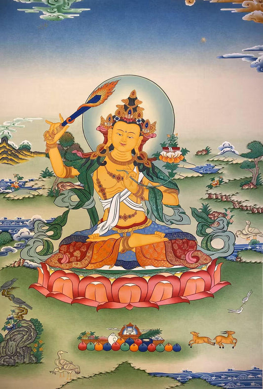 Tibetan Buddhist Manjushri Bodhisattva colorful thangka painting on canvas, handcrafted with mineral pigments