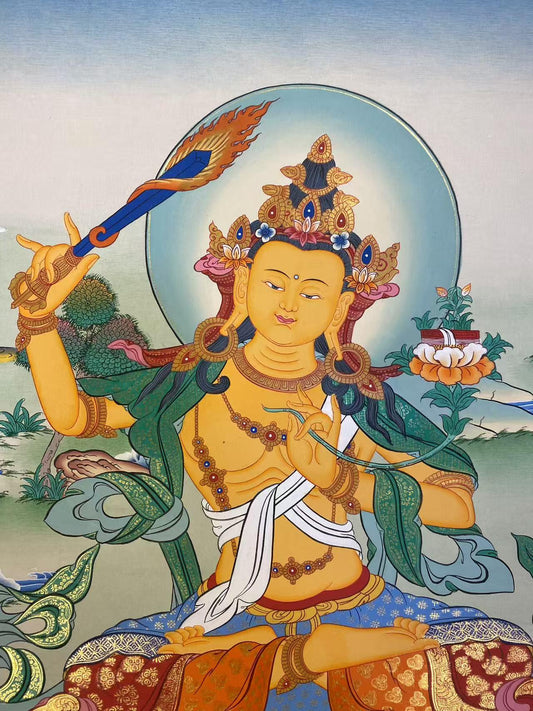 Hand painted Tibetan Buddhist thangka of Manjushri Bodhisattva, traditional mineral pigment thangka painting