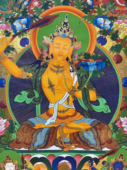 Tibetan-buddhist Manjushri Bodhisattva thangka painting, pure hand painted on canvas with natural mineral colors