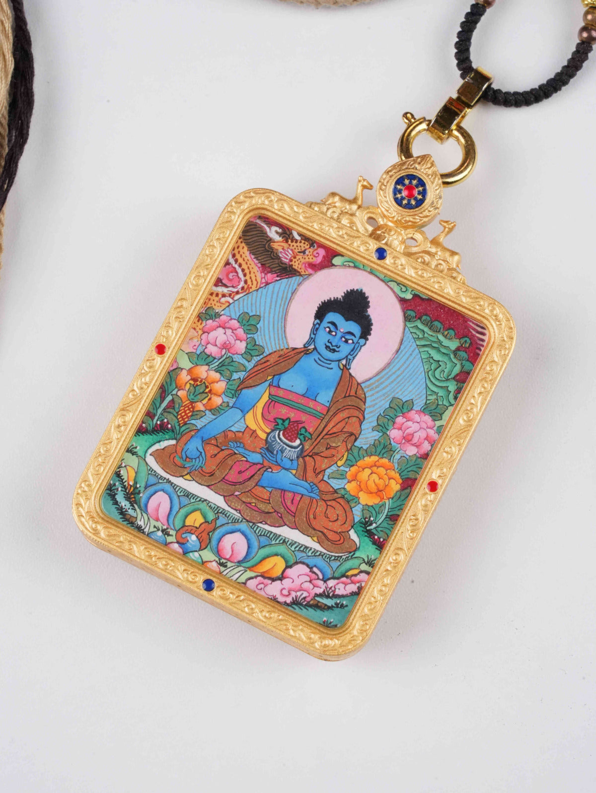 Authentic Tibetan thangka painting of Medicine Buddha, integrating Ayurveda healing principles into traditional Buddhist art.
