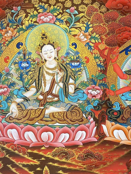 Sacred Four-Armed Avalokiteshvara Thangka, authentically hand-painted with Tibetan craftsmanship, using natural mineral pigments.