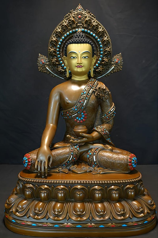 Hand-painted Shakyamuni Buddha brass statue, showcasing traditional Tibetan Buddhist art and craftsmanship.