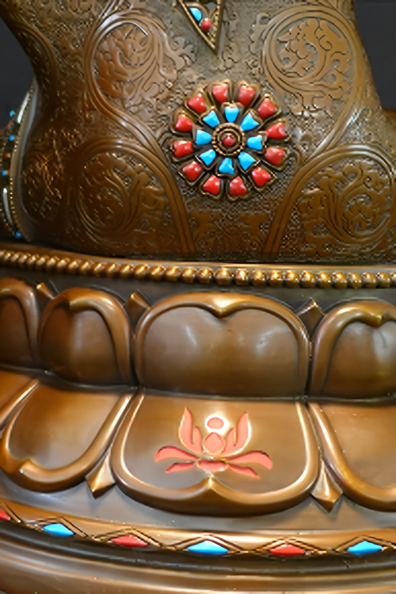 Handcrafted Shakyamuni Buddha brass sculpture, detailed with artistic Tibetan Buddhist designs and colorful paint.
