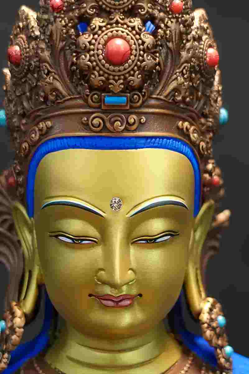 Tibetan Buddhist hand-painted Amitabha Buddha statue, purple copper, Zhanabazar style with mineral pigment details