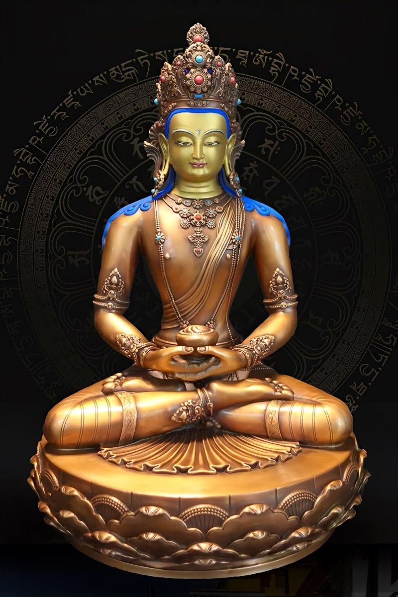 Handcrafted purple copper Zhanabazar style Amitabha Buddha statue with vibrant mineral paint, Tibetan Buddhist statue-art