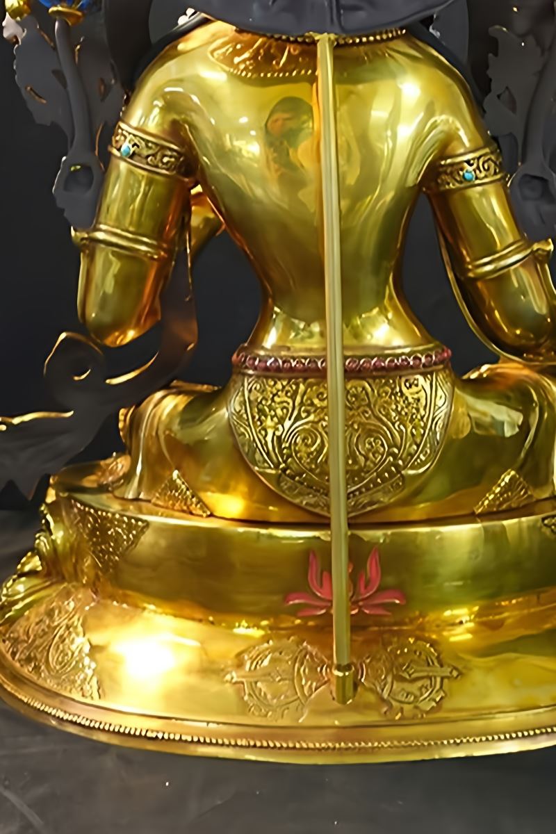 Hand-painted Tibetan-buddhist Green Tara statue, gilded copper with silver details, Buddha Statue-Art spiritual home decor