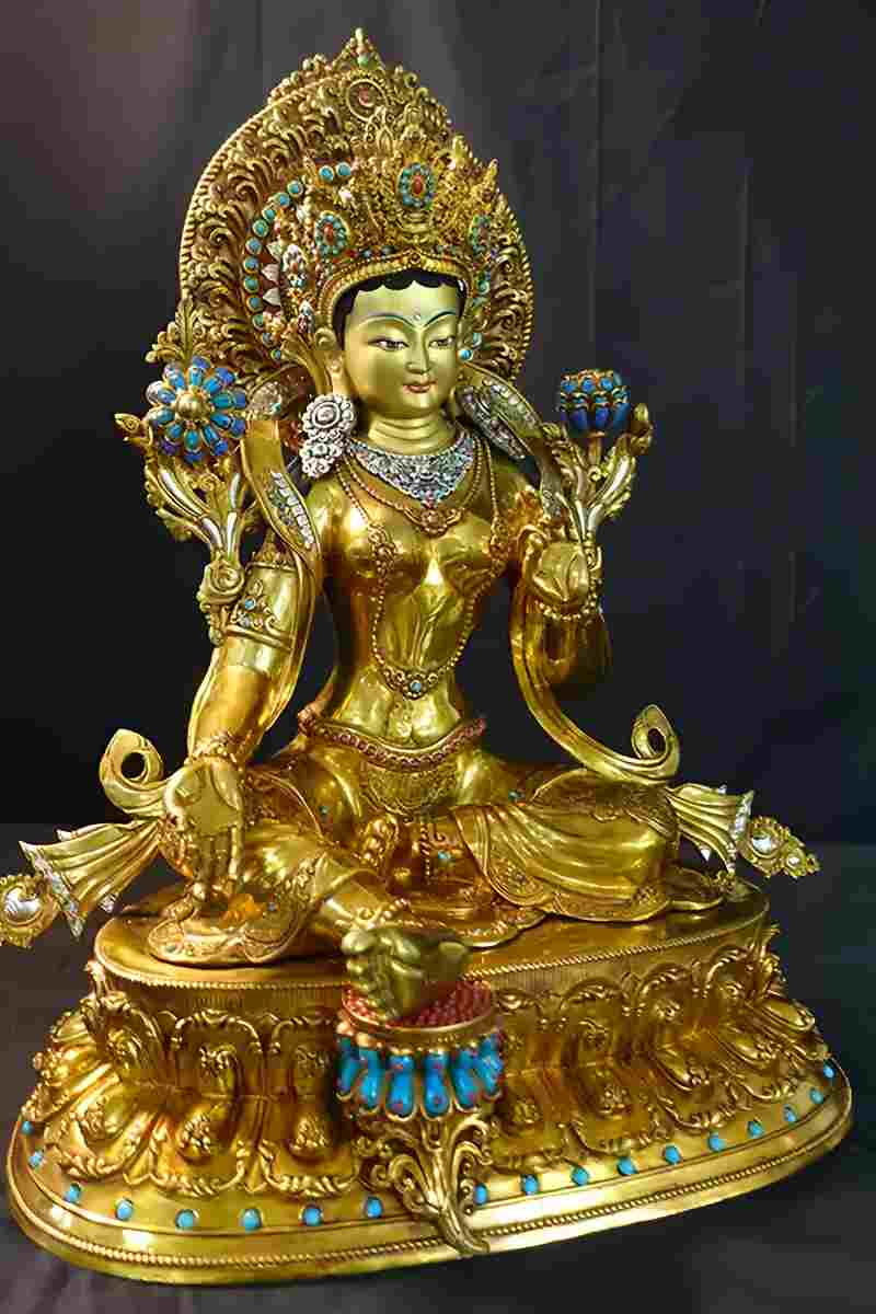 Collectible Tibetan-buddhist Green Tara statue, pure copper and mineral pigments, Tibetan Buddhist statues Buddha Statue-Art handmade