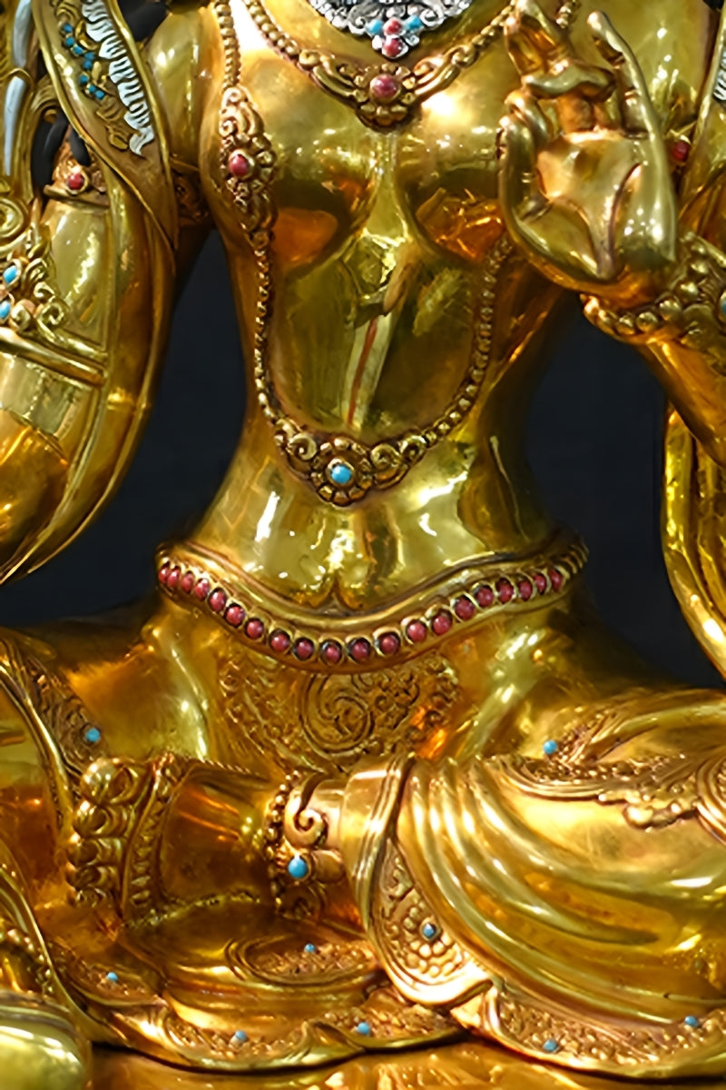 Spiritual Tibetan-buddhist Green Tara statue, gilded copper and silver with fine handcraft, Tibetan Buddhist statues Buddha Statue-Art