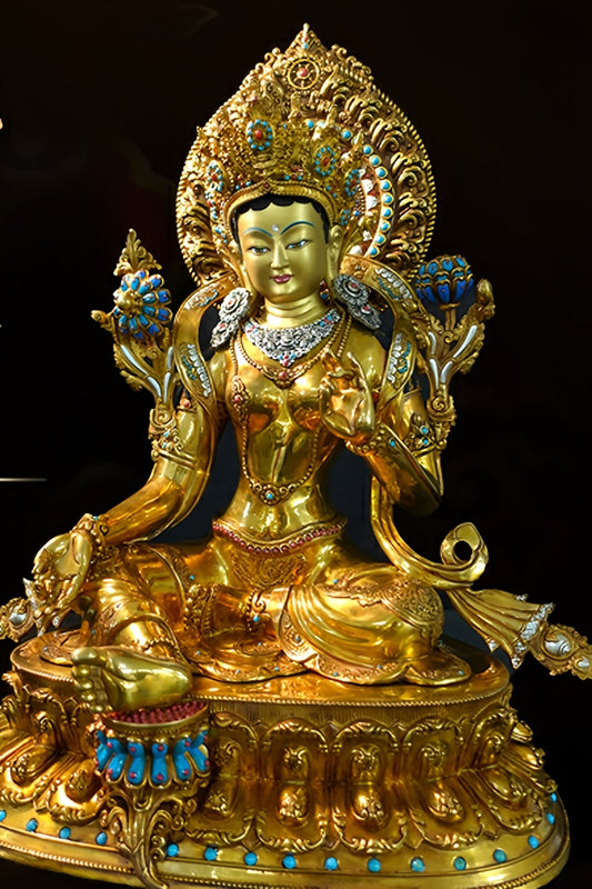Handmade Tibetan-buddhist Green Tara statue in gilded silver and copper, Tibetan Buddhist statues Buddha Statue-Art for shrine or home decor