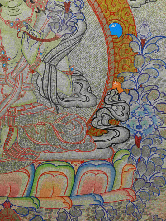Traditional Tibetan Thangka of Green Tara - Hand Painted Compassion Art with Swift Protection