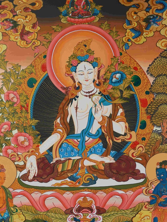White Tara Thangka Painting - Tibetan Artisan Crafted with Natural Mineral Pigments