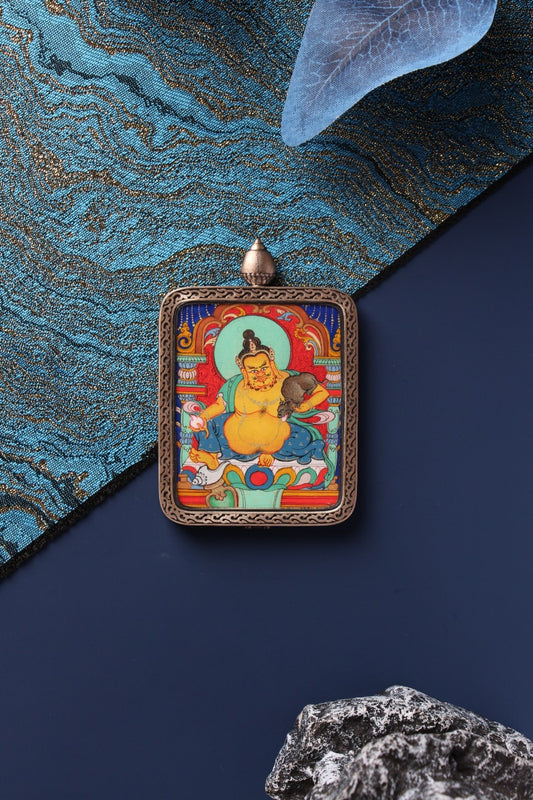 4x5cm Chigang Style Hand-painted Yellow Dzambala (Yellow Wealth God) Thangka Pendant: The Lord of Prosperity