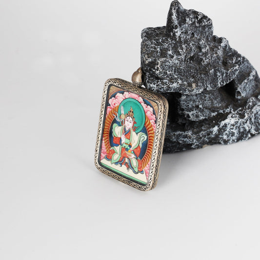 Palden Lhamo Rebgong Thangka Pendant: The Sacred Protector Goddess of Wealth (3.5x4.5cm)