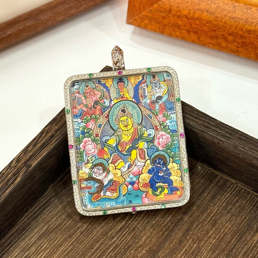 4x5cm Rebgong Five Directional Wealth Deities Buddhist Pendant: The Five Jambhalas of Tibetan Buddhist Jewelry
