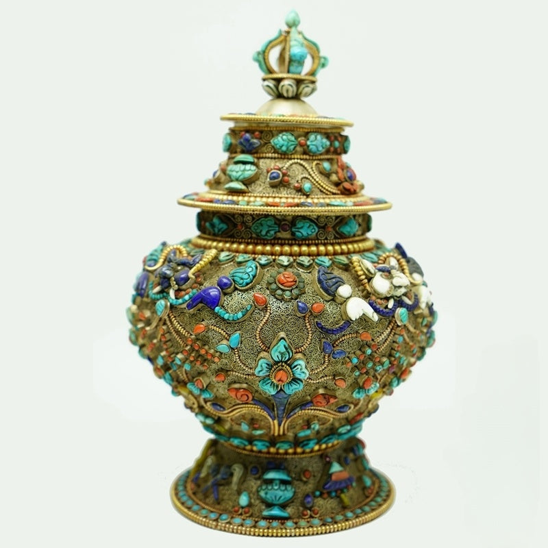 tibetan-buddhist Hand-Painted Yellow Jambhala Treasure Vase Art